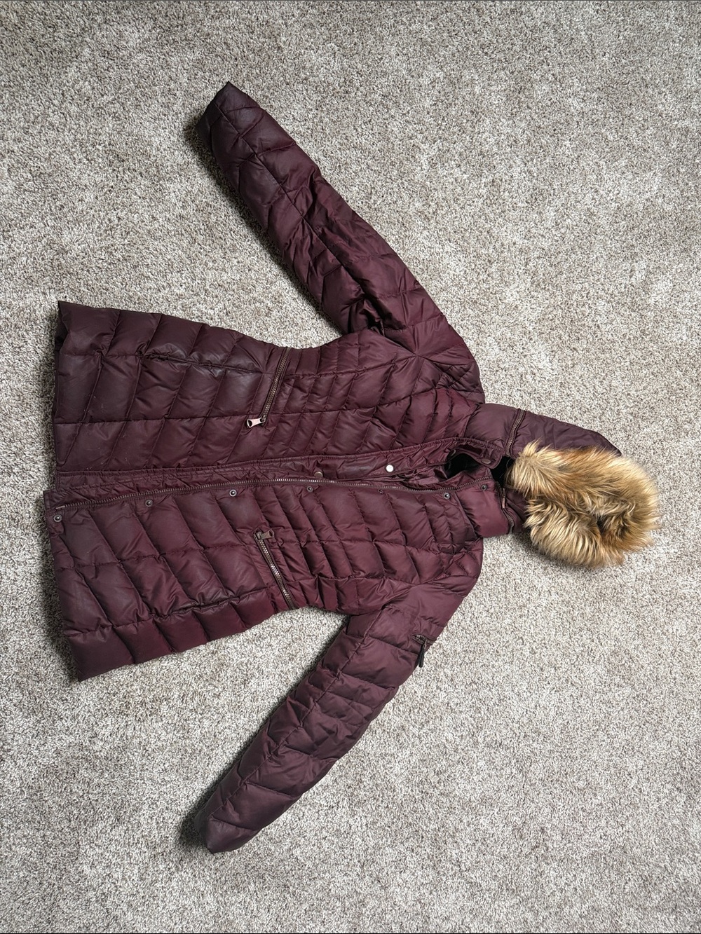 Marc New York Quilted Long Puffer Coat in Burgundy with Faux-Fur Trim